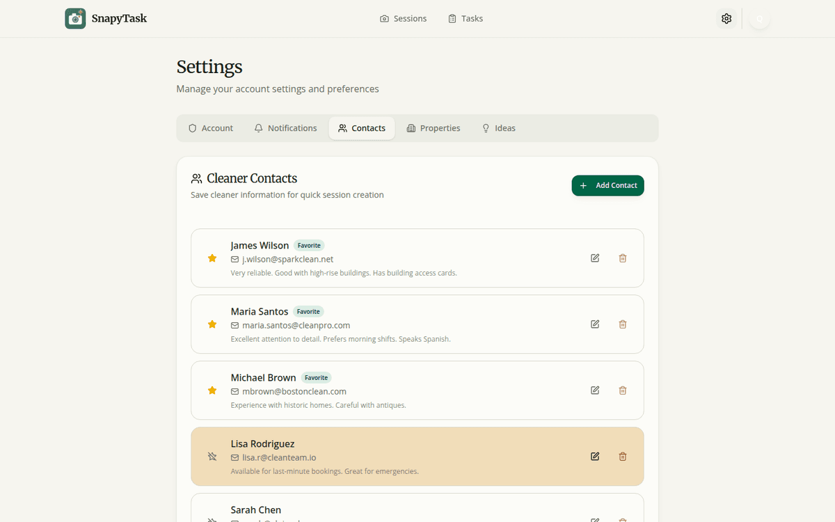 Contacts page showing your cleaning team