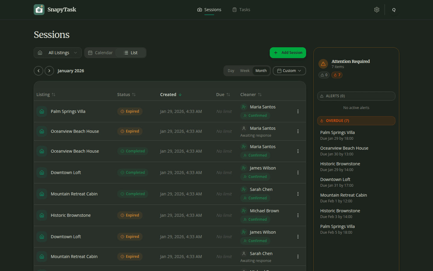 SnapyTask Sessions Dashboard